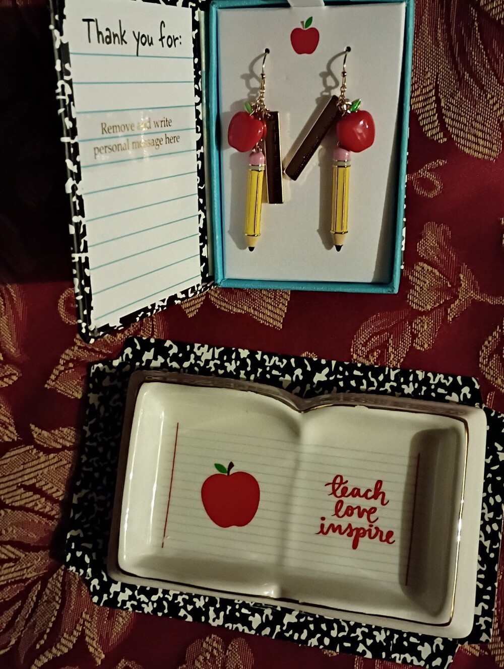 Apple & Pencil Teacher Earring Set with Matching Trinket Dish